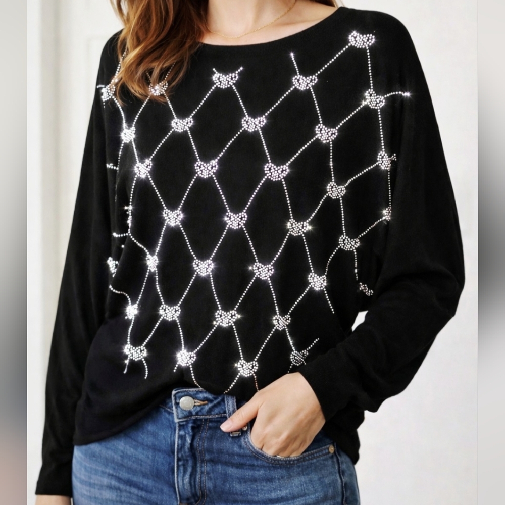 Black Knitted Crystal Heart Long Sleeve Sweater